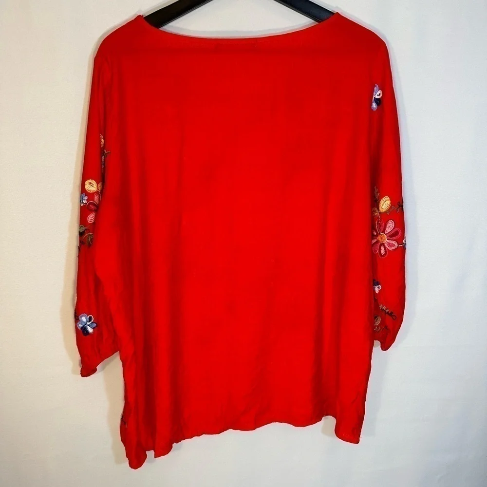 Ann & Rose Boho Embroidered Red Floral 3/4 Puff Sleeve Tunic Top Blouse Size 1X - Picture 10 of 10
